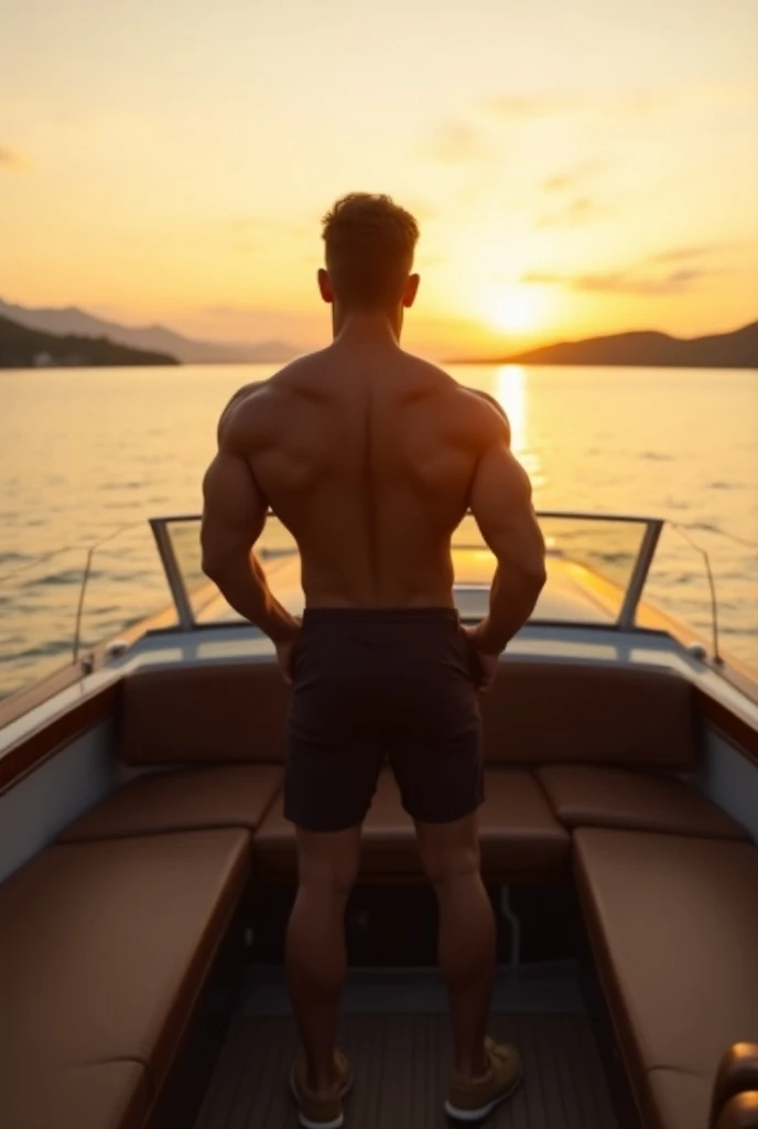 generate a authentic looking picture of the back of a tall muscular tan  boy on a expensive boat during sunset at the lake