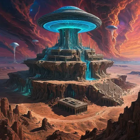 Panopticon Hidden Horizons: Arctic Cyber Elves congregation around a dust and Tornado sand alien spacecraft perched on the Desert Tornado of aurora-inspired hues, like Zaha Hadid, Santiago Calatrava, high resolution, night scene neon lights