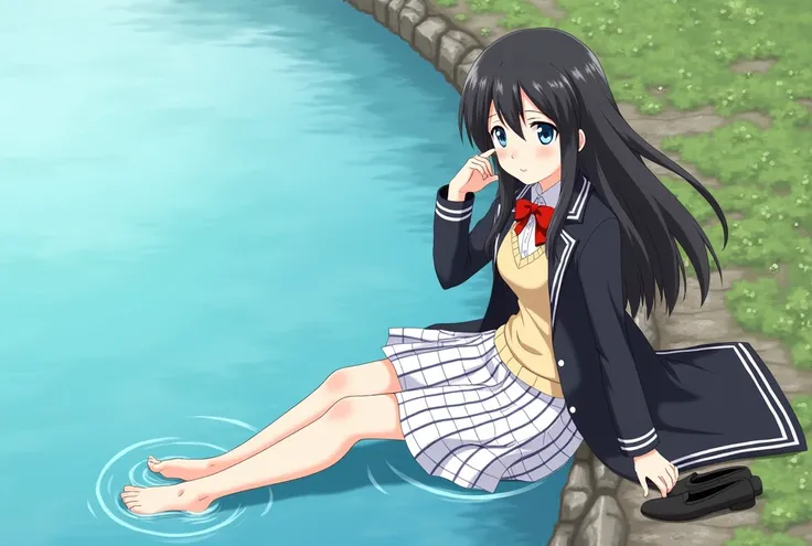 anime girl, yukino yukinoshita,  long black hair , ice blue eyes, embarrassed smiling , sitting on the riverbank ,  long black bolero with white stripes on the hem,  light beige sweater vest , white blouse with red bow,  white blue checkered skirt , barefo...