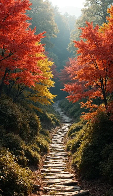 ((top-quality, masterpiece:1.3)), (Amazing Art work:1.1)), (Very realistic:1.2), (Photo, live action), ((Japanese Nature Scenery:1.2)), (Autumn leaves:1.1), forest, Ragged and decaying wooden paths, Maple with red leaves, beech with yellow leaves, Quercus ...