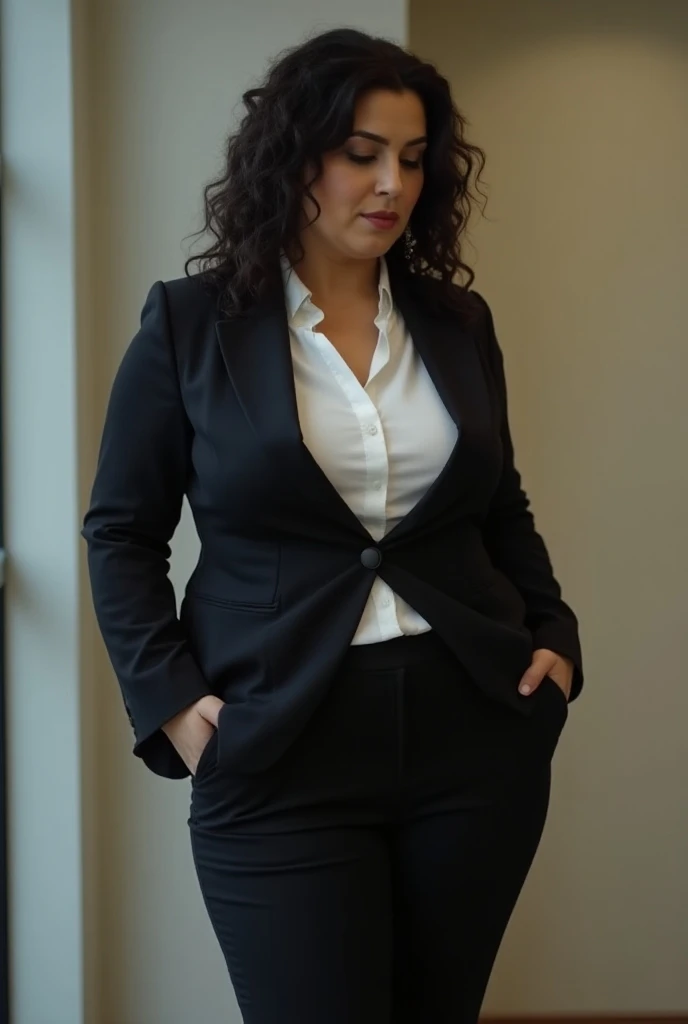 FROM front, thick body, 55 years old, ASIAN LATIN woman, M-shaped front, curly, black wavy hair, thick body, thick legs, long and wide jaw, wide cheeks, wide face, dimples on the cheeks, pear shaped face, looking down, distracted, Dressed In a black blazer...