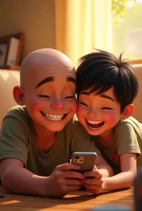 siblings
male and female 
Looking at cell phone laughing 
Brother bald 
Sister short black hair 

Disney Pixar 