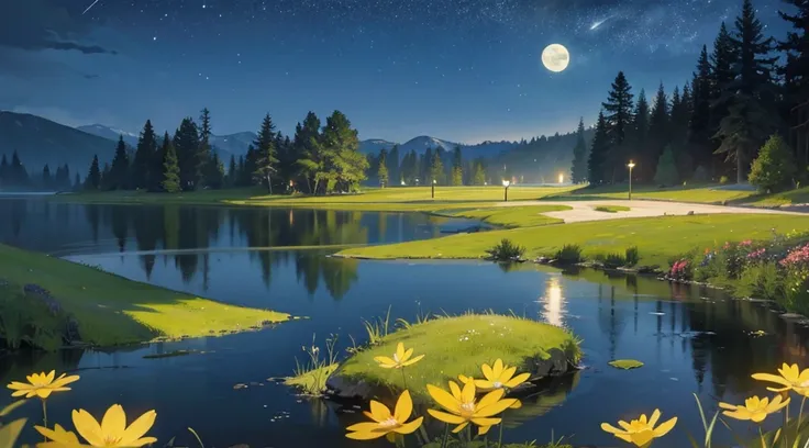 masterpiece, high quality,low light,lake in forest,[dark night,shooting star,flower ],moon, no humans, realistic, 