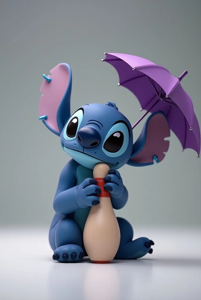 Stitch leaning on a small bowling pin holding a purple umbrella 