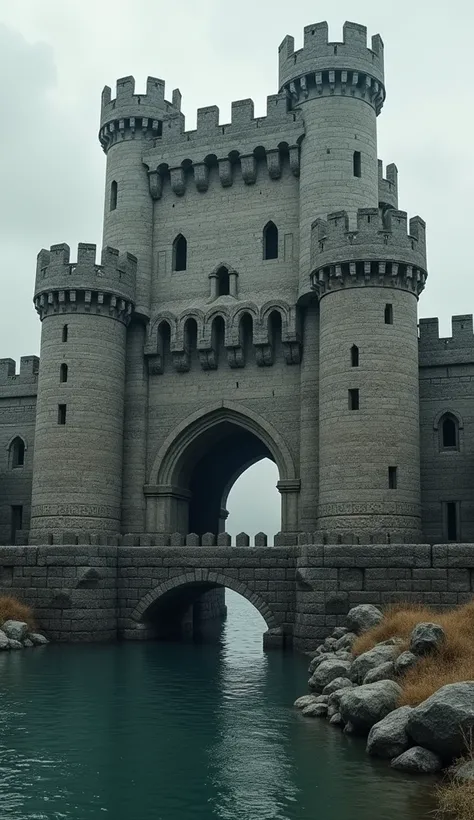  medieval European battlefield fortress 、There is a moat in front of the gate 、 a flip-up bridge