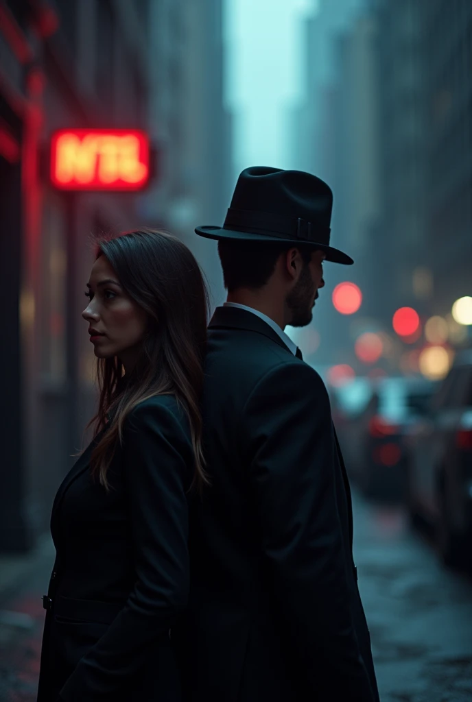 Coverbook Minimalist: A girl FBI agent and a men mysterious mafia boss, moody New York City backdrop, cinematic lighting, dramatic chiaroscuro, romantic tension, intricate plot, suspenseful thriller, dark and gritty atmosphere, vibrant colors, striking vis...