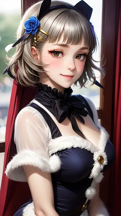 (((solo))), 1 woman, LOVELIVE! Sakuya Kurobane, sakuyaunif, kurobane_sakuya, short hair, grey hair, black hairband, blue hair flower, brown eyes, red eyeliner, chest, blush, smile, (upper body), santa claus