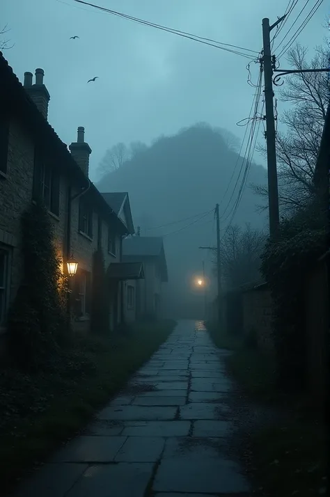 "A foggy, eerie English village at twilight, with crumbling stone buildings and overgrown vines. A lonely, desolate street leading to a dark, shadowy hill in the distance. The atmosphere is thick with mist and an ominous silence, giving a sense of abandonm...