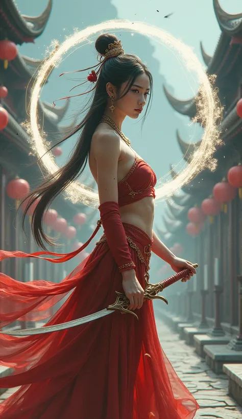 Best quality,masterpiece,ultra high res,(photorealistic:1.4),xiuxian,weapon,Detailed face,
1girl,solo,weapon,cleavage,(magic circle:1.2),xiuxian,upper body,Beautiful girl,full body,east asian architecture,sheath,architecture,