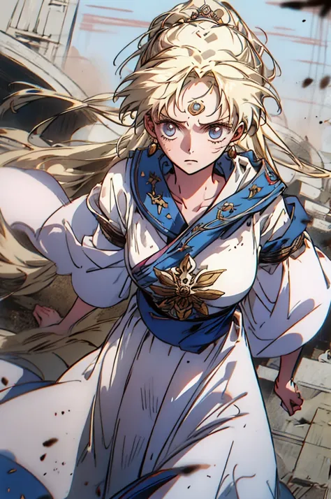 High-quality image of a young woman wearing a white tunic, her long, slightly disheveled hair cascading freely over her shoulders. Her clothes and skin are marked with dirt, hinting at hardship, yet her expression exudes determination and innate regal pres...