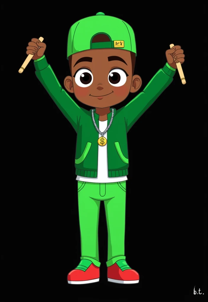 Carlitos, PJ Masks OCs, Afro-American brown Skin, Bald, MLB green Cap, green shoes, chain dollar sign, drumsticks,