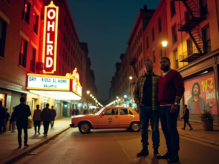 cena: O  Theatre,  located in Harlem , Nova York, in the 1980s, with its illuminated facade seen from the street and a wider view of the surrounding streetscape.
atmosphere: A vibrant and nostalgic urban nightlife scene with warm neon hues and vivid detail...