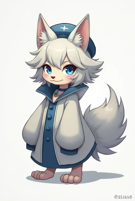 silver fur, Pent, dog girl, shortstack, furry female, white fur, dog ears, dog tail, paws, pawpads, blue collar, blue eyes, ((two-tone hair)), (white hair), silver hair, bow, big beret, large robe mage,