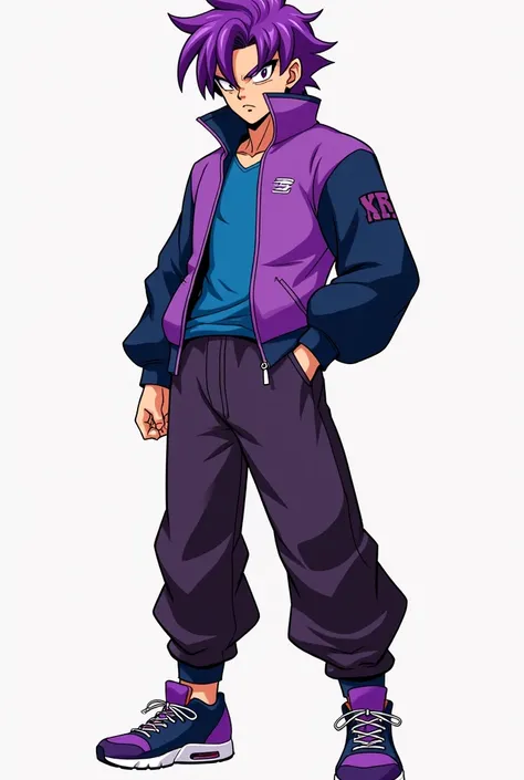 Tone skin straigh mid-length purple hair guy wirh sharper eyes like Vegeta, who wears a purple jacket with navy blue sleeves, a blue undershirt, dark purple pants, and purple and navy sneakers with white soles.