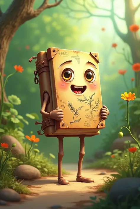 An animated ecological notebook with legs and a little face