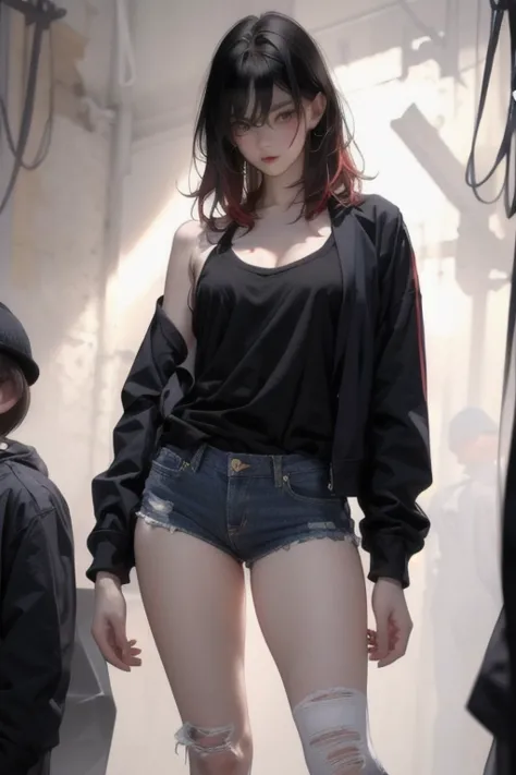  a very young girl ，Installation， short， toddler figure ， flat chest， Thin Thighs ，Red hair color ,  hair is slightly damaged ,  Dark blue eyes， mocking expression on face ， with no one in the background ， yellow oversized jacket，dingy sneakers ,    damage...