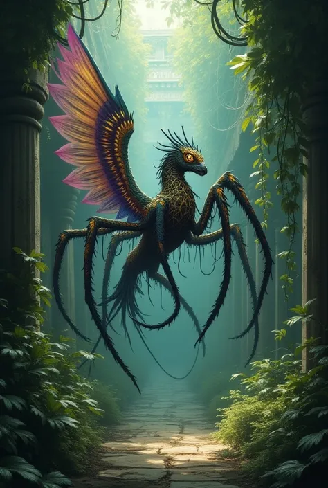 "Create an ultra-realistic masterpiece of a hybrid between a spider and Quetzalcoatl, featuring a majestic body adorned with vibrant feathers and intricate web patterns. The creature should have multiple legs and a long, flowing tail. Set this hybrid in a ...