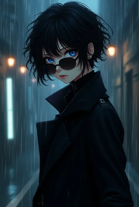  masterpiece,  superior quality ,  illustration, { Beautiful detail Girl }, Beautiful shine in detail, transvestite beauty, (Black jacket and trench coat), Sunglasses, Risa, fangs removed, vampire, indigo eyes, rainy street corner, rain,  detailed lighting...