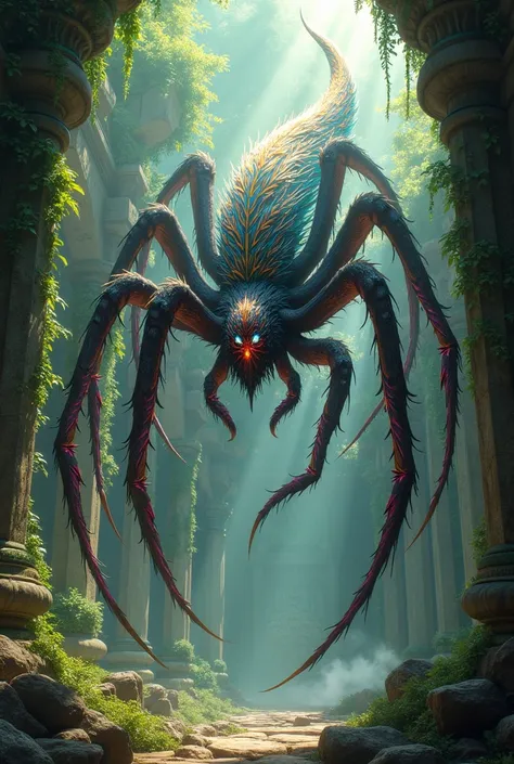 "Create an ultra-realistic masterpiece of a hybrid between a spider and Quetzalcoatl, featuring a majestic body adorned with vibrant feathers and intricate web patterns. The creature should have multiple legs and a long, flowing tail. Set this hybrid in a ...