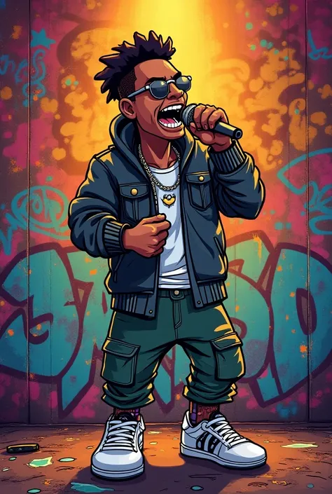 Cartoon of rapper singing with graffiti wall in the background