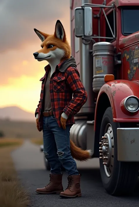 Furry coyote truck driver standing beside his truck at dawn