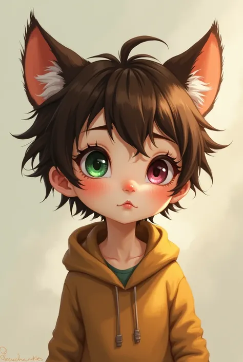  Small boy with brown hair , with feline ears . Short hair to the neck.  Big eyes of different colors,  one green and one pink . adorable,  of a youthful appearance and a fair complexion .