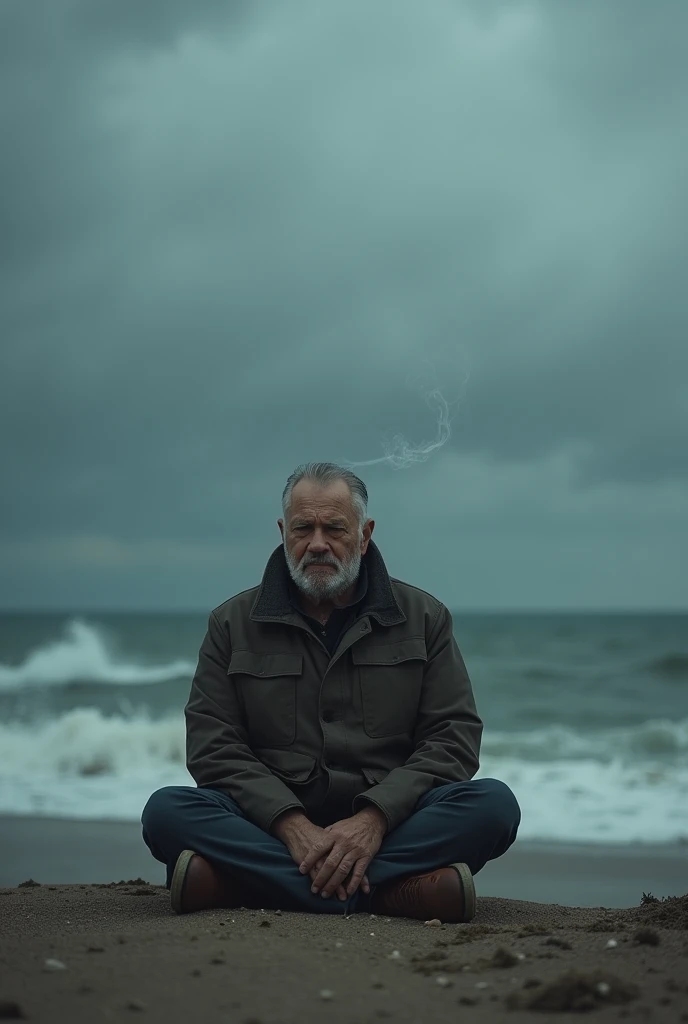 Generate an Image a man sitting with smoke weed under cloudy sky infront of sea whether is in Winter vibes single with empty heart.