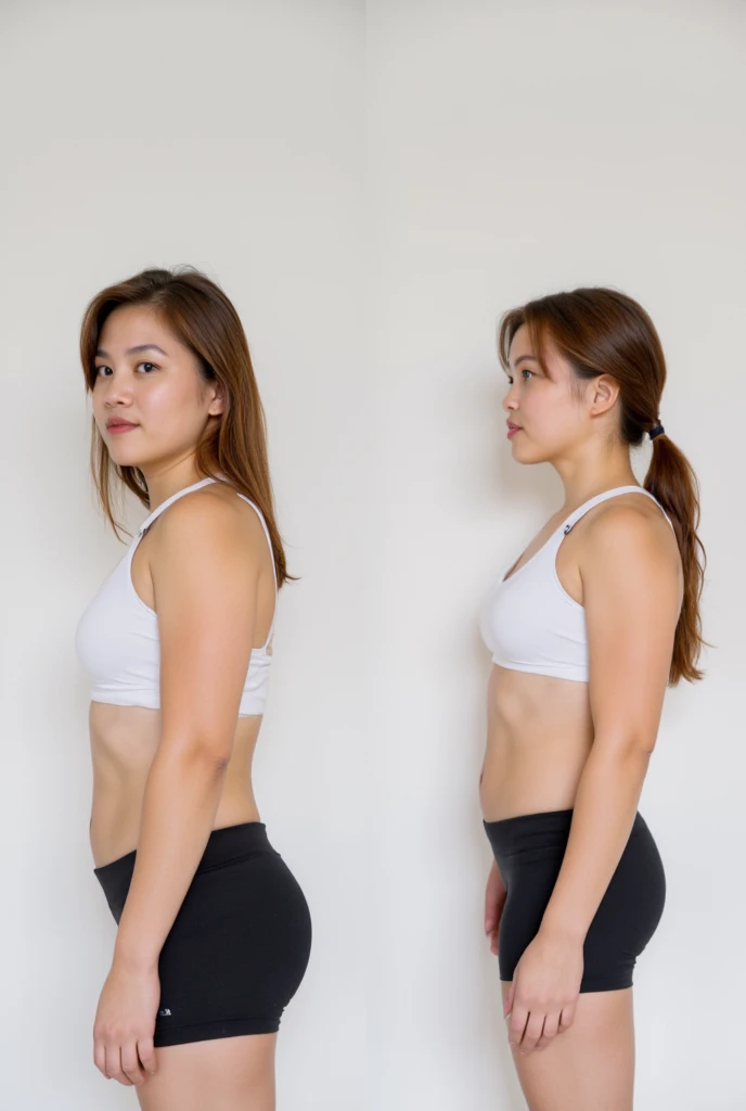 A double photograph of an Asian woman showcasing her fitness progress, tags: slim petite figure in left photo, toned and defined in right, neutral white background, soft natural lighting, clean gym attire, black shorts, white sports bra, inspiring transfor...