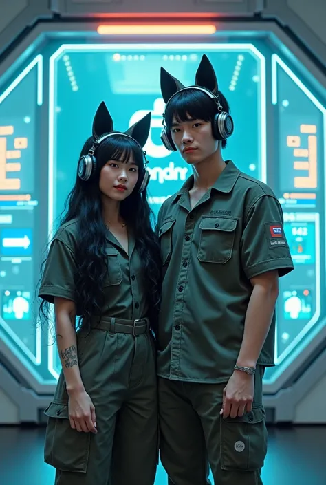 Logo FB on transpare big lcd,A couple wearing long wolf headset cosplay fullbody dengan bidikan jarak jauh Arafed image of a couple long wolf headset of people standing next to each other, couple shirt cargo  Indonesian ryder instansi costum dark black com...