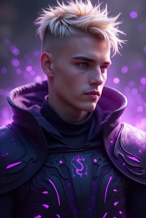 20yo italian-australian male,blonde crew cut hair,purple eyes,black fantasy style armor with purple magical lines,purple magical aura surround him