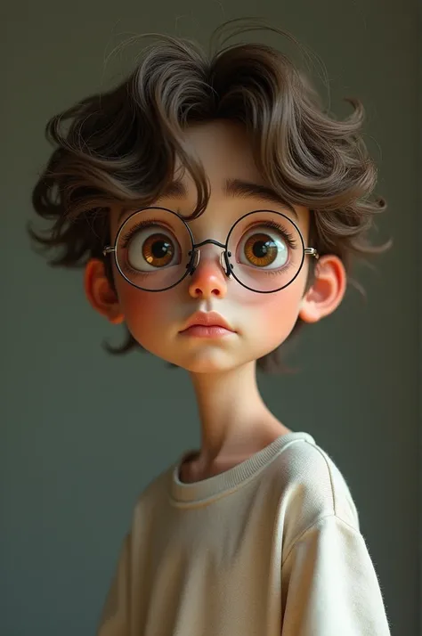 Create a white boy , high, Thin papier , round brown eyes with some dark circles , And glasses. hair: brown semi-short wavy forward untidy that may cover your forehead,  Thick lips