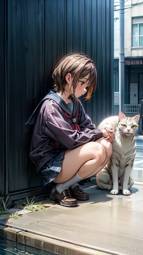 A young schoolgirl petting a stray cat, squatting and showing her panties, (realistic style, high quality, 4k resolution, focus on details HDR) 