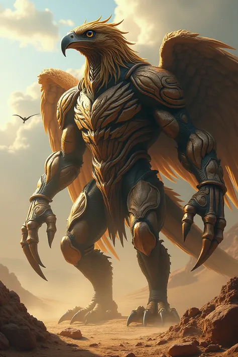 "A hybrid creature combining the most striking features of a scorpion and a eagle. The entity has the body of a scorpion with powerful eagle-like a sharp mane blending into thick, armored skin. Its head is a monstrous fusion: The background is a sunshine, ...