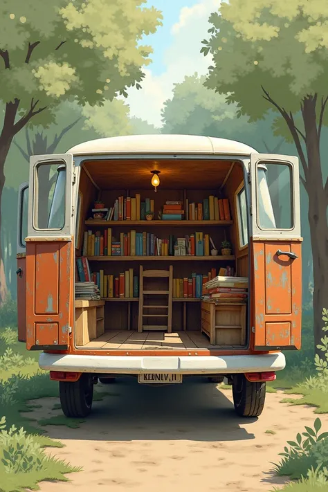 Design sketch of a library made with the back of a 1965 van
 