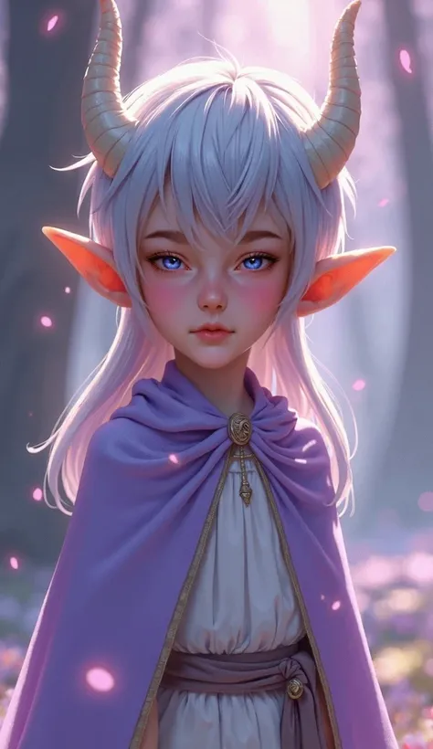 A young elven boy, about eleven years old, stands with a heart-wrenching expression. His large, almond-shaped eyes are a soft, sorrowful lilac, filled with unspeakable grief as tears overflow down his rosy cheeks. His silver hair is long till the shoulders...