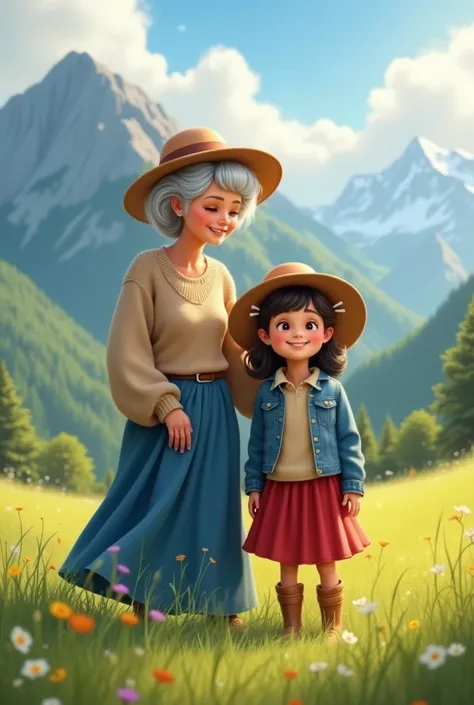  A grandmother with her granddaughter in the field ,  The grandmother is about 65 years old with white hair and certain wrinkles .  both have hats , The girl is about 4 or  ,  she is wearing a red skirt and polo shirt with a yean jacket and brown boots. th...