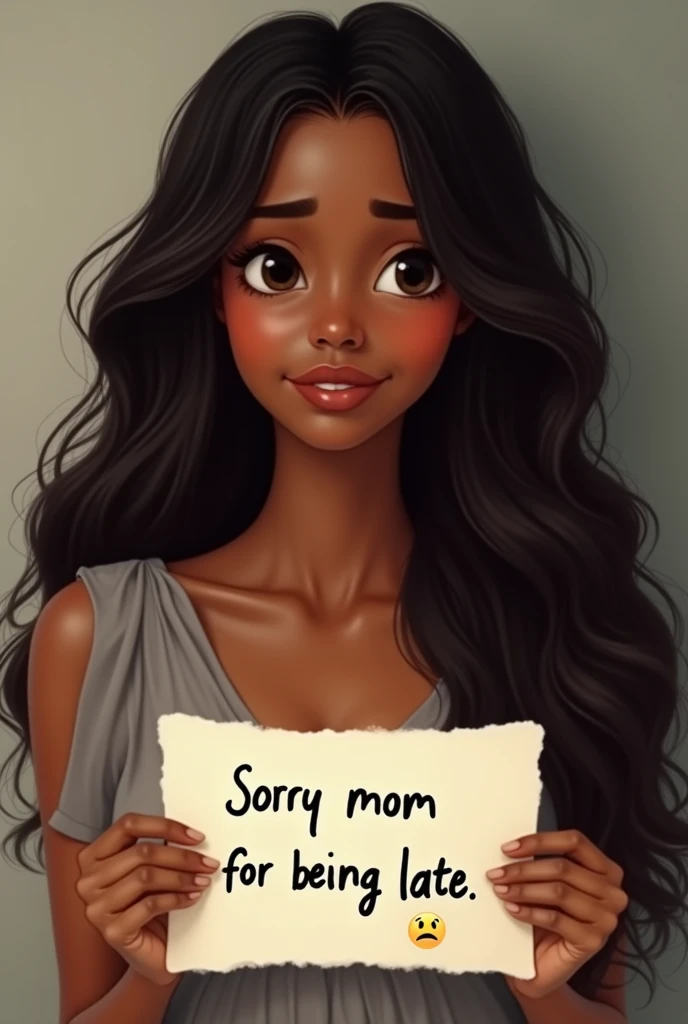 A beautiful black girl with long wavy hair, wearing a dress , Holding a white document on which it says Sorry Mom for being late in black with a sad emojis, with a smile on their faces 