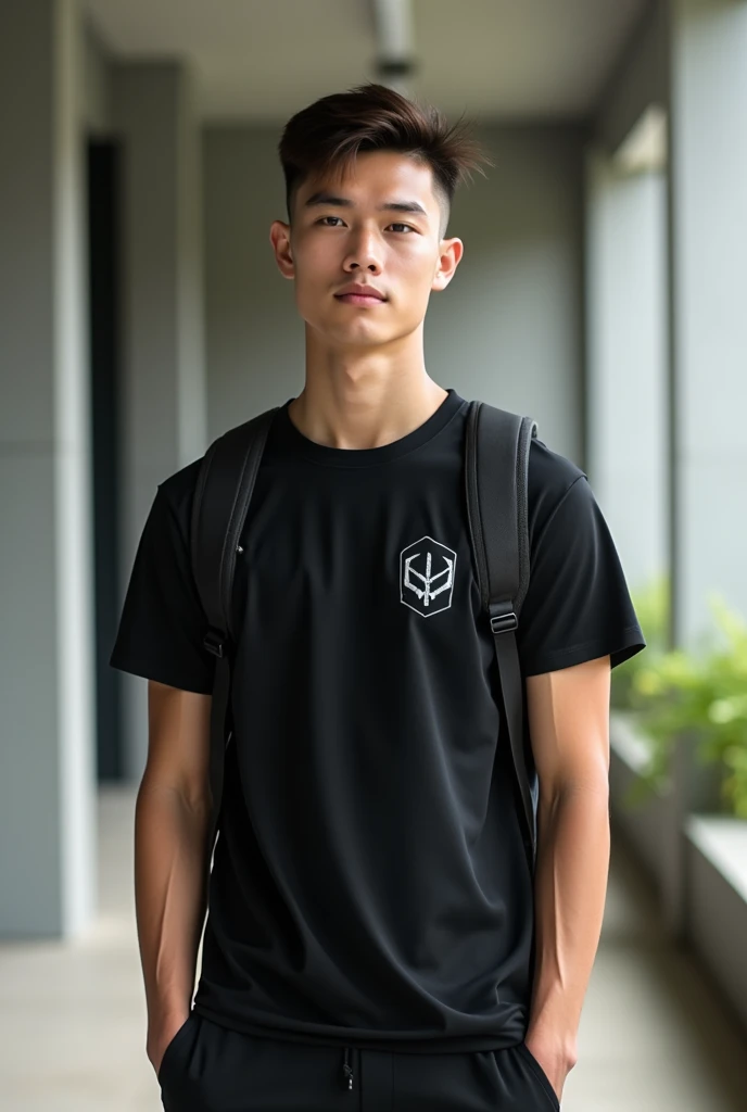 Young man, aged 20, with a modern and trendy look from 2024. Short, stylish haircut, clear skin, and an athletic build, dressed in casual yet fashionable clothing that highlights confidence and simplicity. The outfit includes a sleek black t-shirt with min...