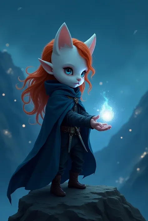  Character with realistic art , a halfling character , low height, white pele,  large orange and wavy red hair , bright blue eyes that emit light .  Your garments are a dark blue cloak that covers your entire body with the exception of your feet, Even the ...