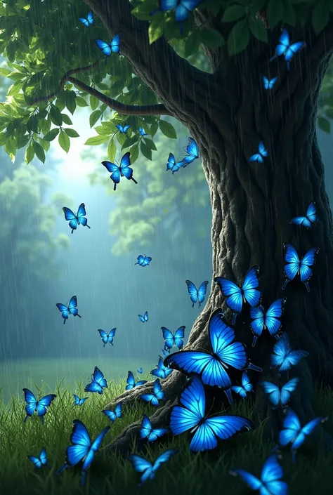 Create image of butterflies trying to hide under a tree in the rain, The butterflies must be blue