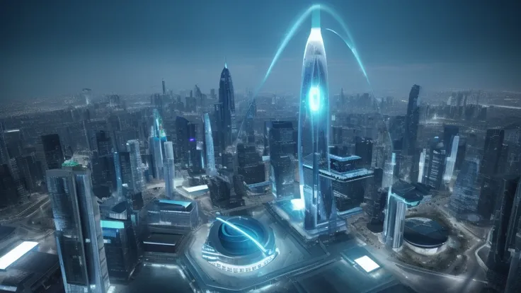 Illustrate a futuristic cityscape where innovation thrives. Showcase advanced technology, such as autonomous vehicles, green energy systems, and bustling tech startups. Emphasize the dynamism of progress with glowing holographic elements, symbolizing Schum...