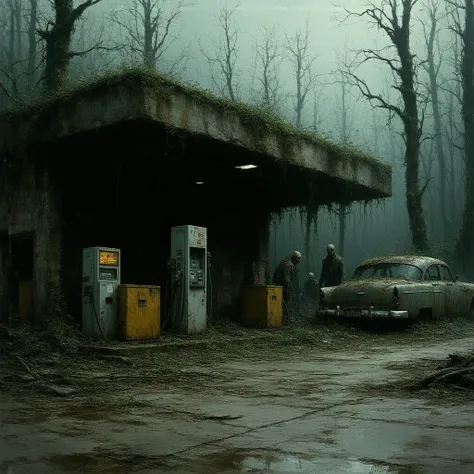 A fuel station in a post-apocalyptic forest setting with human zombies around and wooden chests on the side of an abandoned car in one of the stations fuel machines