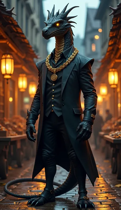 "A hyper-realistic full-body depiction of a dragon in a sleek black suit and gold jewelry, standing confidently in a bustling medieval market at night. The dragon’s powerful form is emphasized by the tailored suit, complete with a thick gold chain and ring...