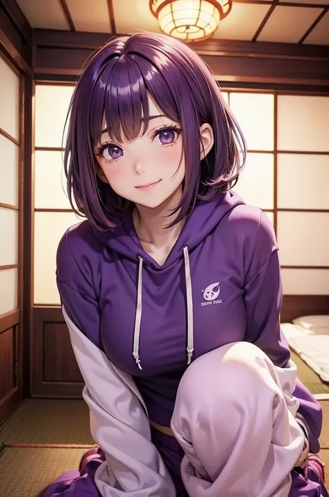 ( Best Quality, high definition ,8k,inelity detailed background, masterpiece :1.2), pretty girl,Big Breasts,( glossy purple hair :1.3),short hair,bob cut,Beautiful purple eyes, HOODIE, hotpants,Gentle look,A refreshing look,Best quality, Best Quality,Aesth...