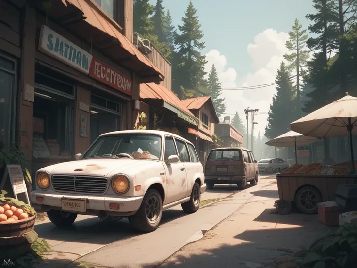 A gas station with a supermarket in a post-apocalyptic forest setting with human zombies around and wooden chests on the side of an abandoned car in one of the stations fuel machines