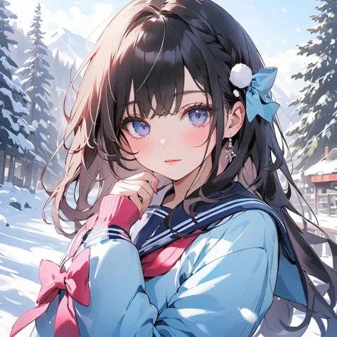 masterpiece),  best quality, hair,  girl, Colorful Sailor Suit，cute ****, beautiful, snow, ❄️, winter,