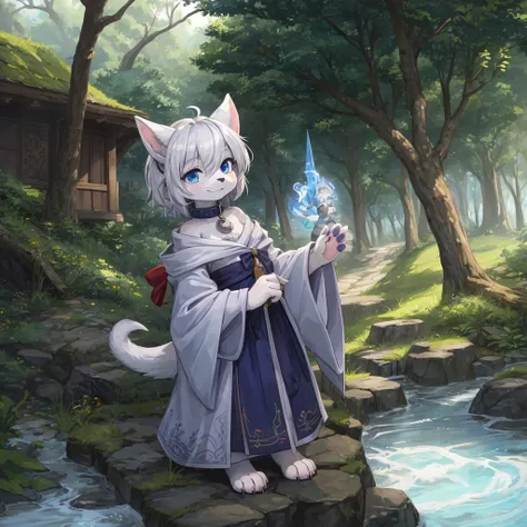 kobold silve, kobold silve, robe mage, furry, short stature, tail, dark fantasy, in a mountain forest, silver fur, dog girl, shortstack, furry female, white fur, dog ears, dog tail, paws, pawpads, blue collar, blue eyes, ((two-tone hair)), (white hair), si...