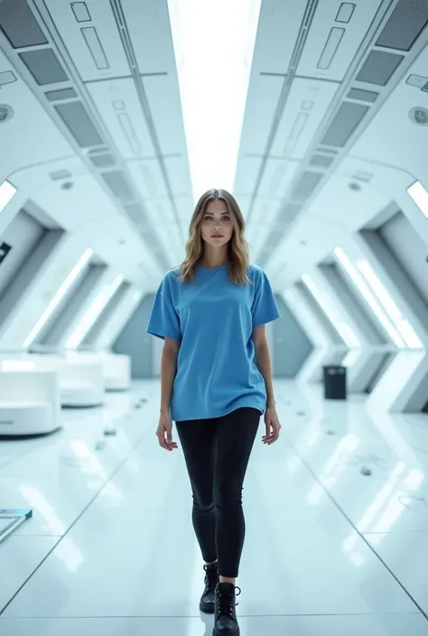 Woman with blue t-shir with long sleeve and black pants in white star ship