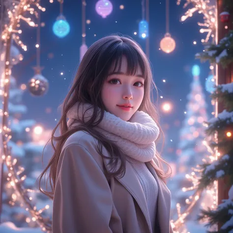 Ultra high resolution, ultra high quality. A stunning 22-year-old Japanese woman with a youthful and kawaii charm, standing in front of a dreamy, beautifully illuminated Christmas show window. The show window is adorned with spectacular Christmas decoratio...