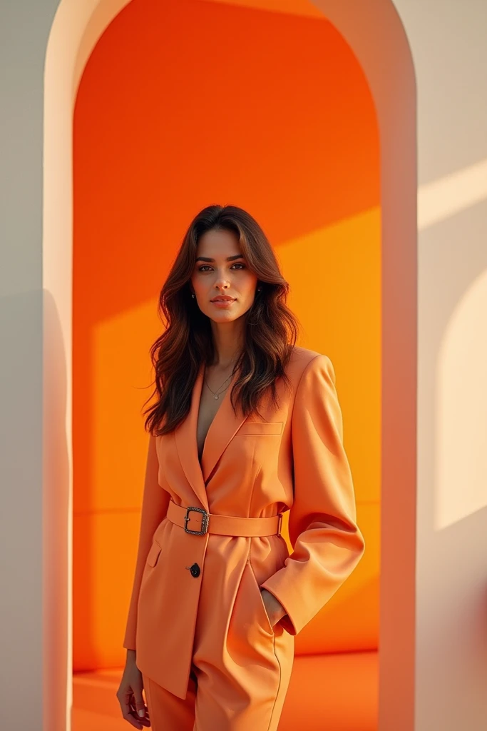 Bruna Marquezine in an orange and white place presenting Macar Construtech